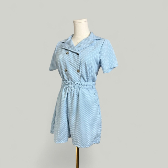 Top and Shorts Set Women Size Medium Blue Short Sleeves Cropped High Waisted - Picture 5 of 10